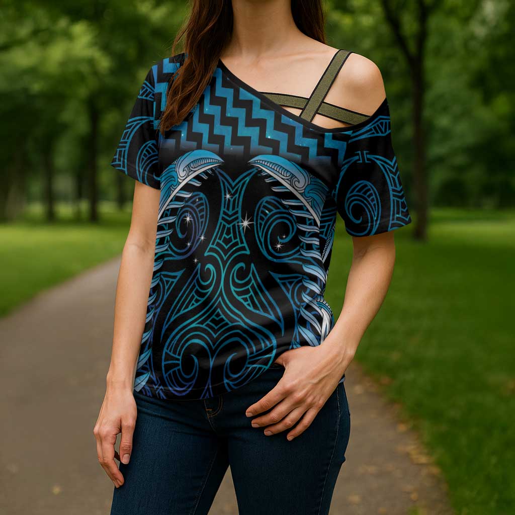Blue Matariki New Zealand Cross Shoulder Shirt Maori Poutama Galaxy Vibes - Polynesian Pride