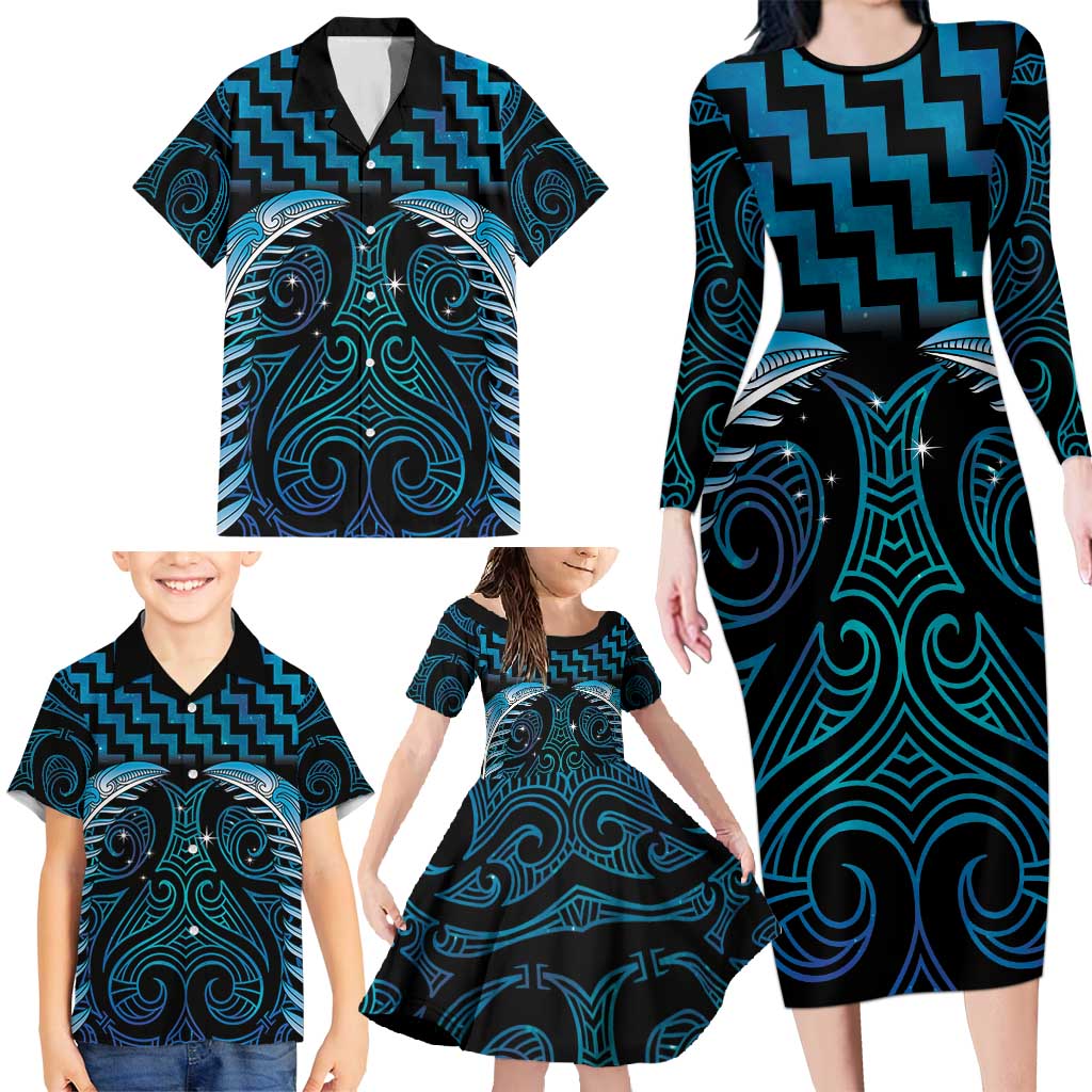Blue Matariki New Zealand Family Matching Long Sleeve Bodycon Dress and Hawaiian Shirt Maori Poutama Galaxy Vibes