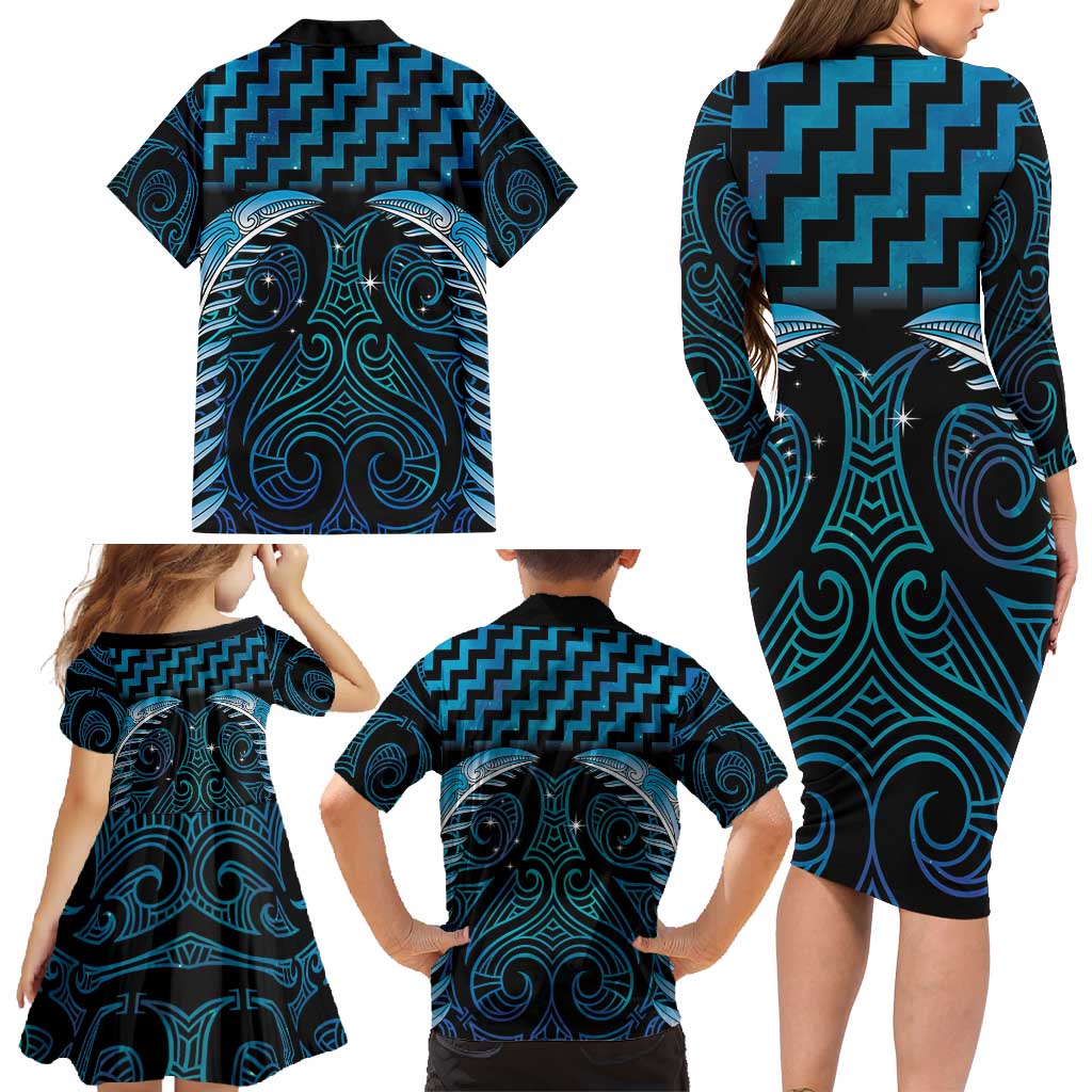 Blue Matariki New Zealand Family Matching Long Sleeve Bodycon Dress and Hawaiian Shirt Maori Poutama Galaxy Vibes