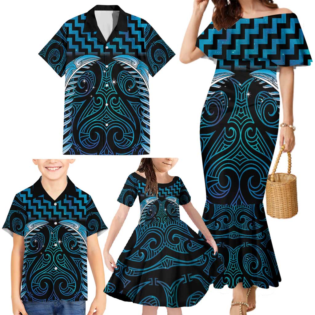 Blue Matariki New Zealand Family Matching Mermaid Dress and Hawaiian Shirt Maori Poutama Galaxy Vibes