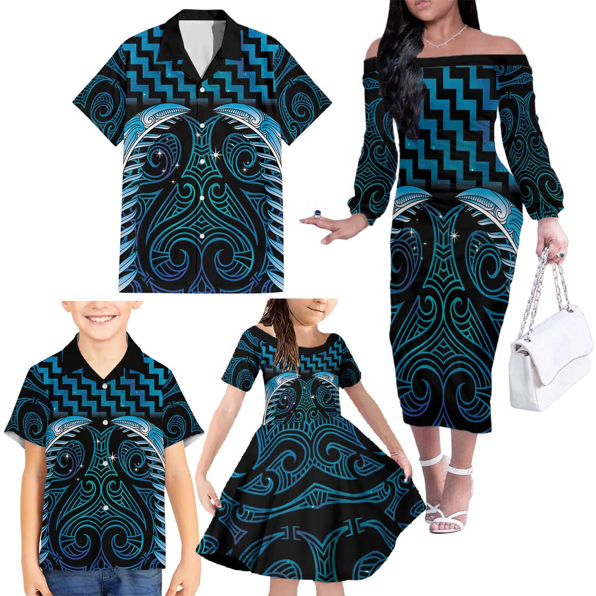 Blue Matariki New Zealand Family Matching Off The Shoulder Long Sleeve Dress and Hawaiian Shirt Maori Poutama Galaxy Vibes