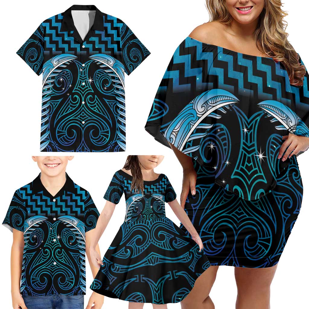 Blue Matariki New Zealand Family Matching Off Shoulder Short Dress and Hawaiian Shirt Maori Poutama Galaxy Vibes