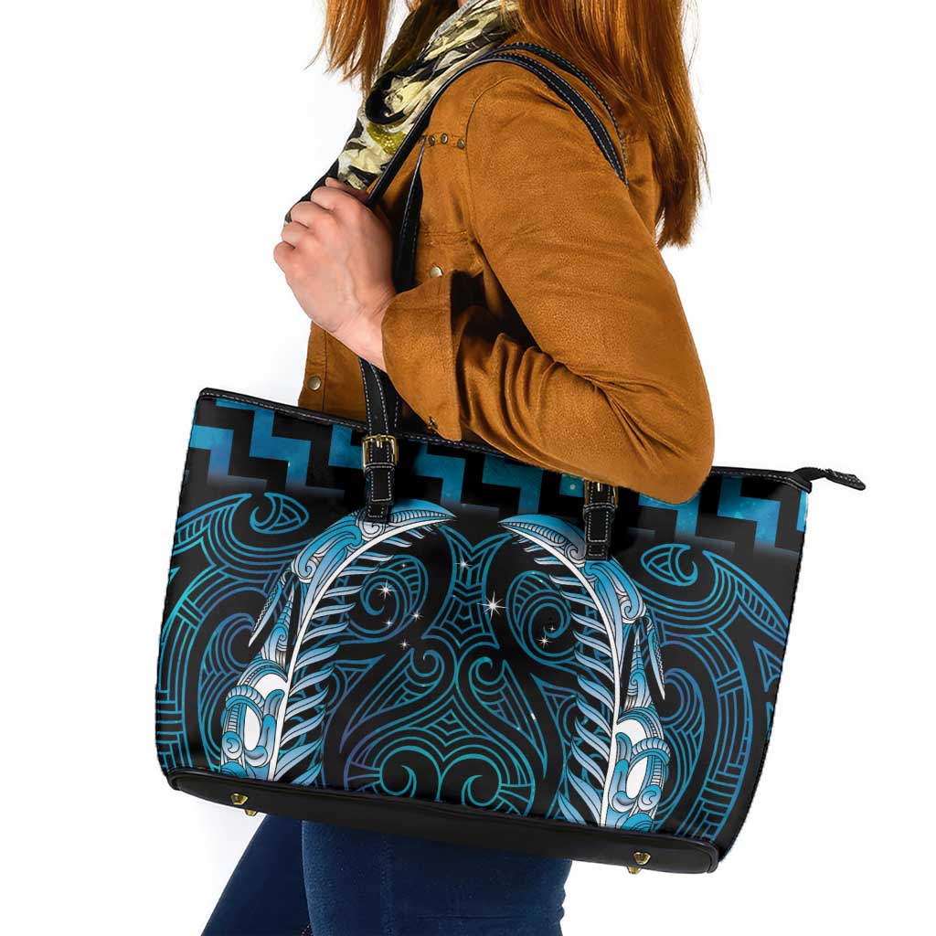 Blue Matariki New Zealand Leather Tote Bag Maori Poutama Galaxy Vibes