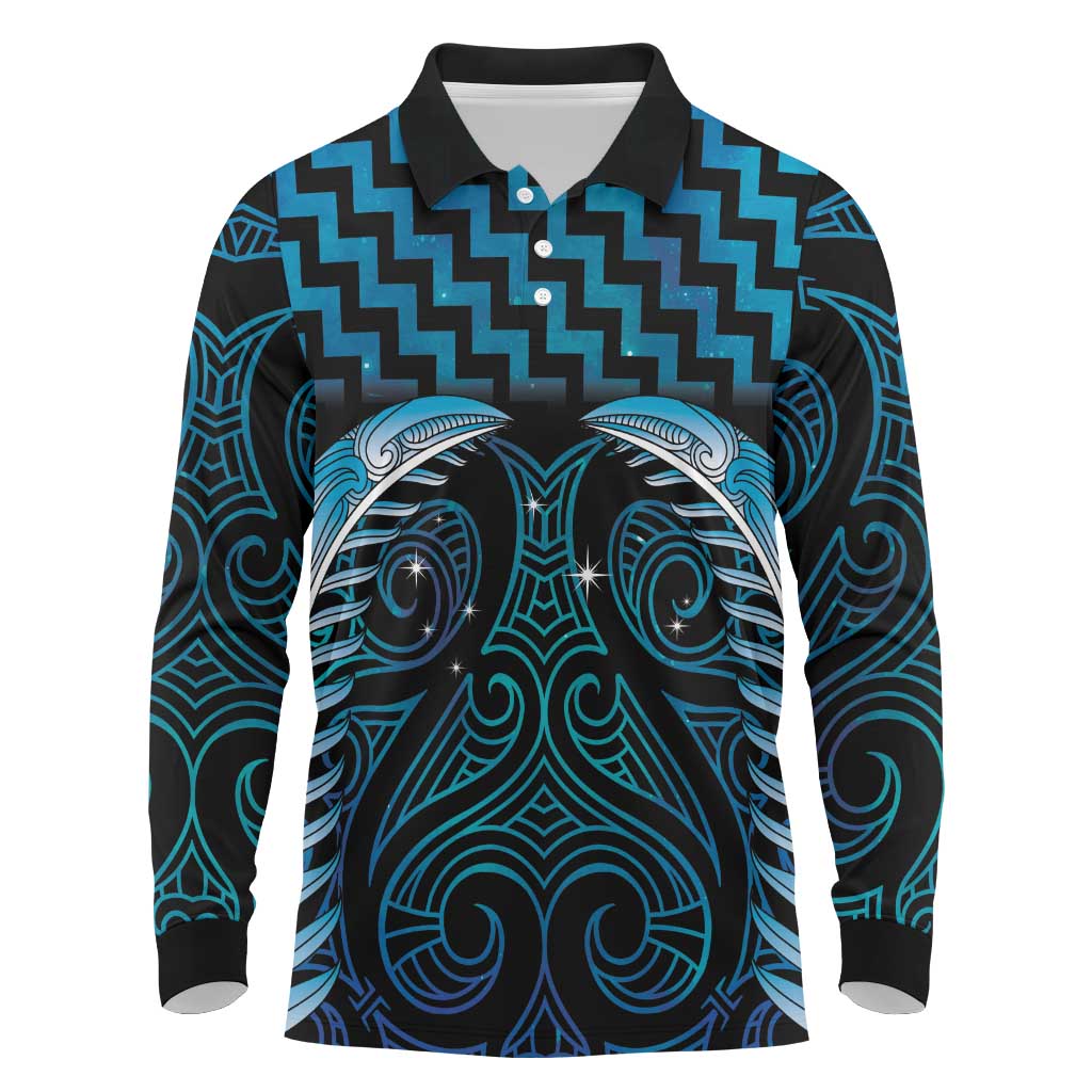 Blue Matariki New Zealand Long Sleeve Polo Shirt Maori Poutama Galaxy Vibes