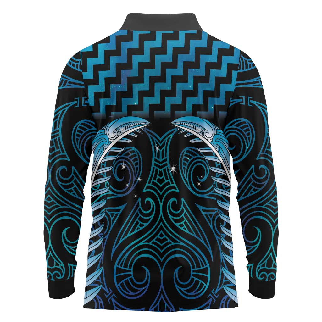 Blue Matariki New Zealand Long Sleeve Polo Shirt Maori Poutama Galaxy Vibes