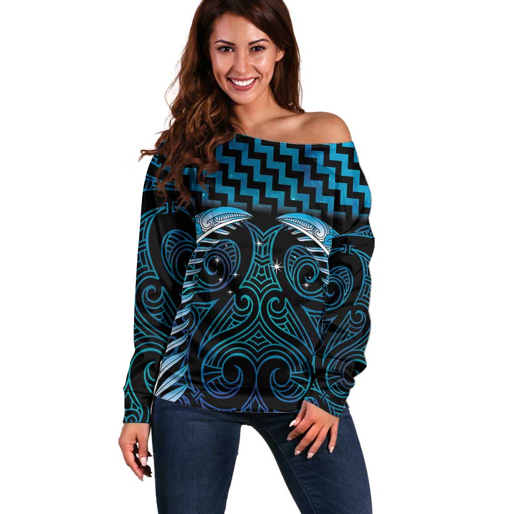 Blue Matariki New Zealand Off Shoulder Sweater Maori Poutama Galaxy Vibes