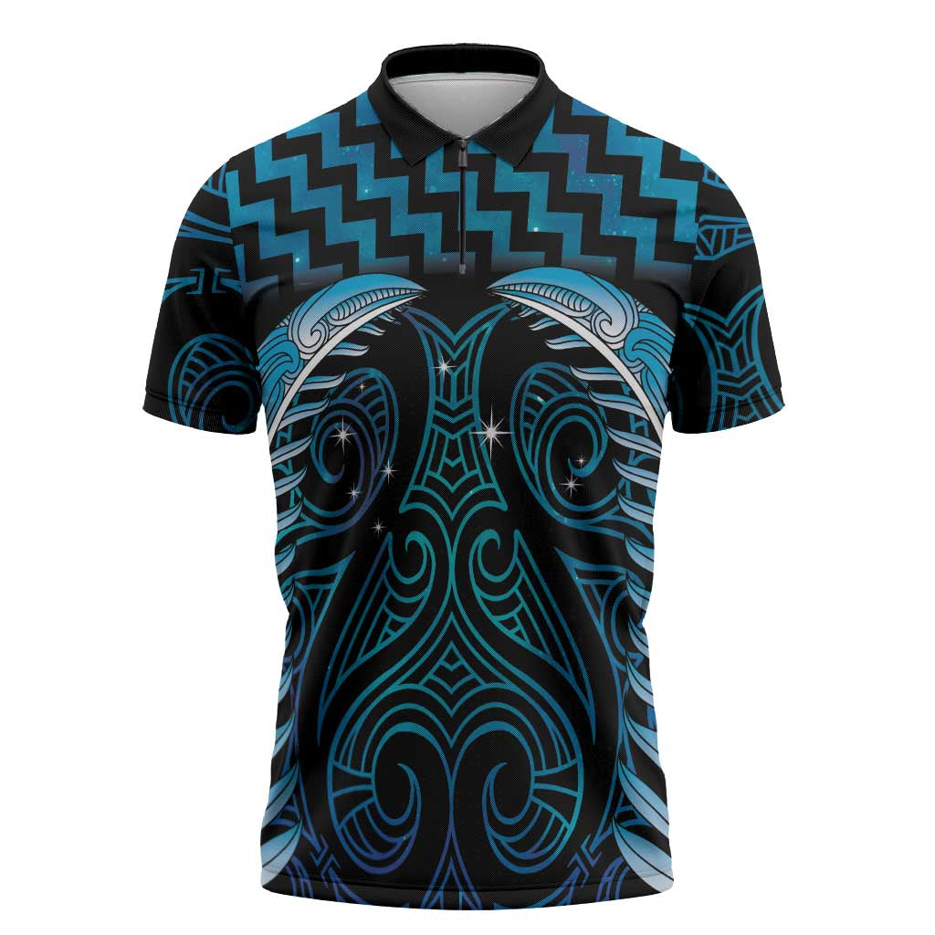Blue Matariki New Zealand Zipper Polo Shirt Maori Poutama Galaxy Vibes - Polynesian Pride