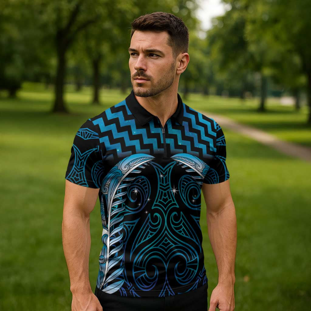 Blue Matariki New Zealand Zipper Polo Shirt Maori Poutama Galaxy Vibes - Polynesian Pride
