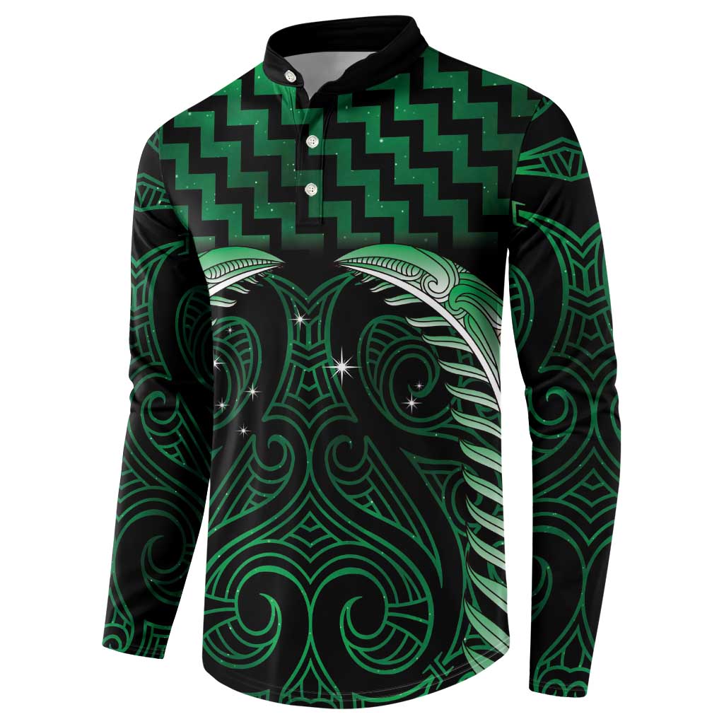 Green Matariki New Zealand Button Sweatshirt Maori Poutama Galaxy Vibes