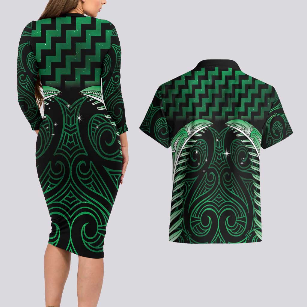 Green Matariki New Zealand Couples Matching Long Sleeve Bodycon Dress and Hawaiian Shirt Maori Poutama Galaxy Vibes