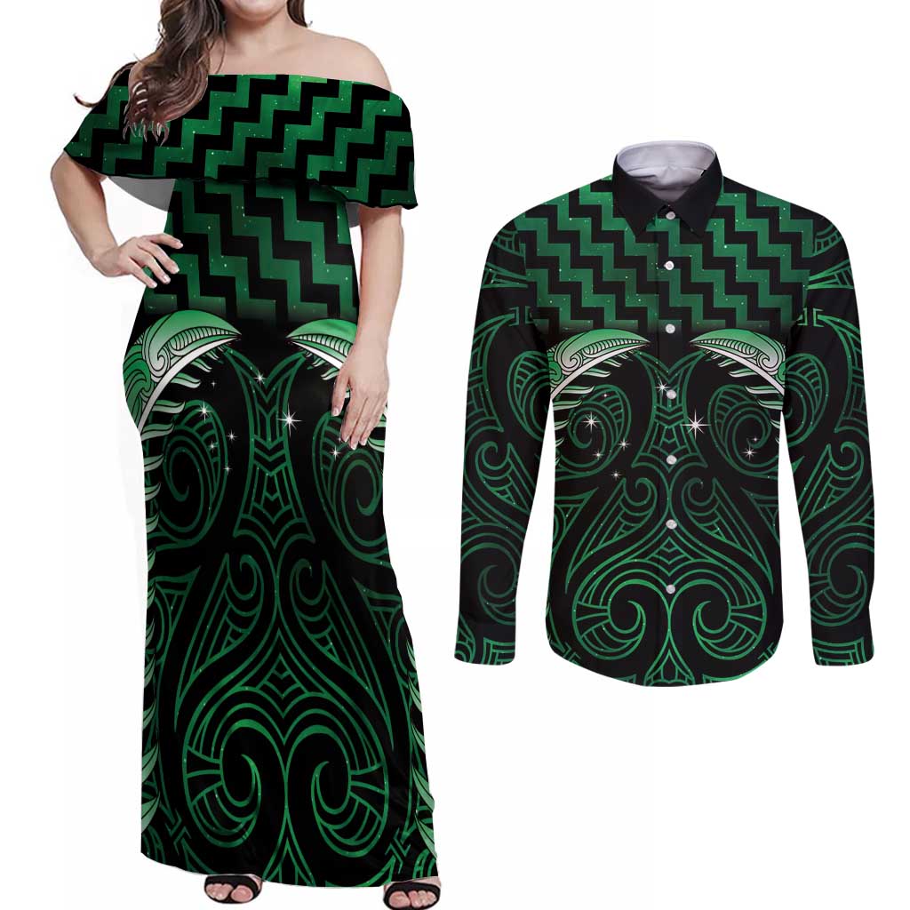Green Matariki New Zealand Couples Matching Off Shoulder Maxi Dress and Long Sleeve Button Shirt Maori Poutama Galaxy Vibes