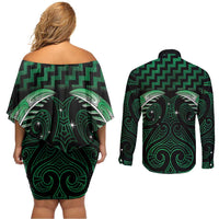 Green Matariki New Zealand Couples Matching Off Shoulder Short Dress and Long Sleeve Button Shirt Maori Poutama Galaxy Vibes