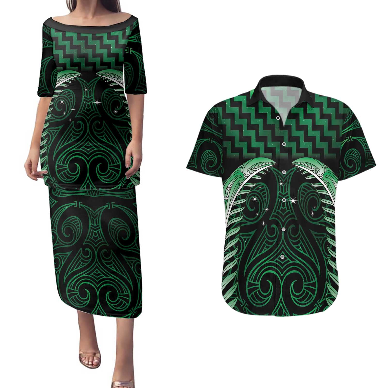 Green Matariki New Zealand Couples Matching Puletasi and Hawaiian Shirt Maori Poutama Galaxy Vibes