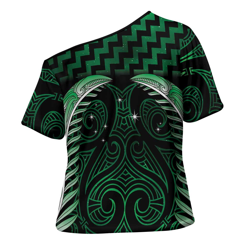 Green Matariki New Zealand Cross Shoulder Shirt Maori Poutama Galaxy Vibes - Polynesian Pride