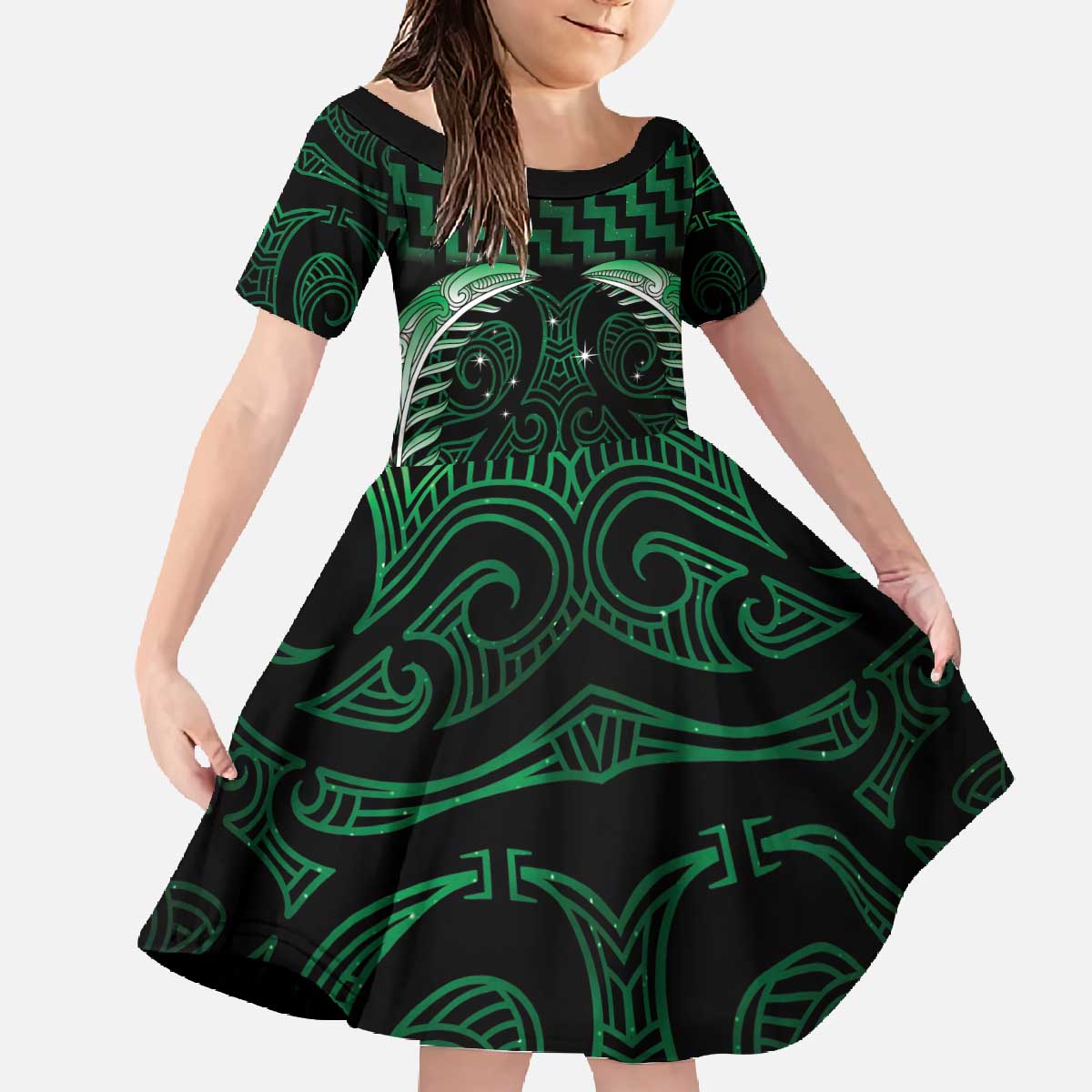 Green Matariki New Zealand Family Matching Off The Shoulder Long Sleeve Dress and Hawaiian Shirt Maori Poutama Galaxy Vibes