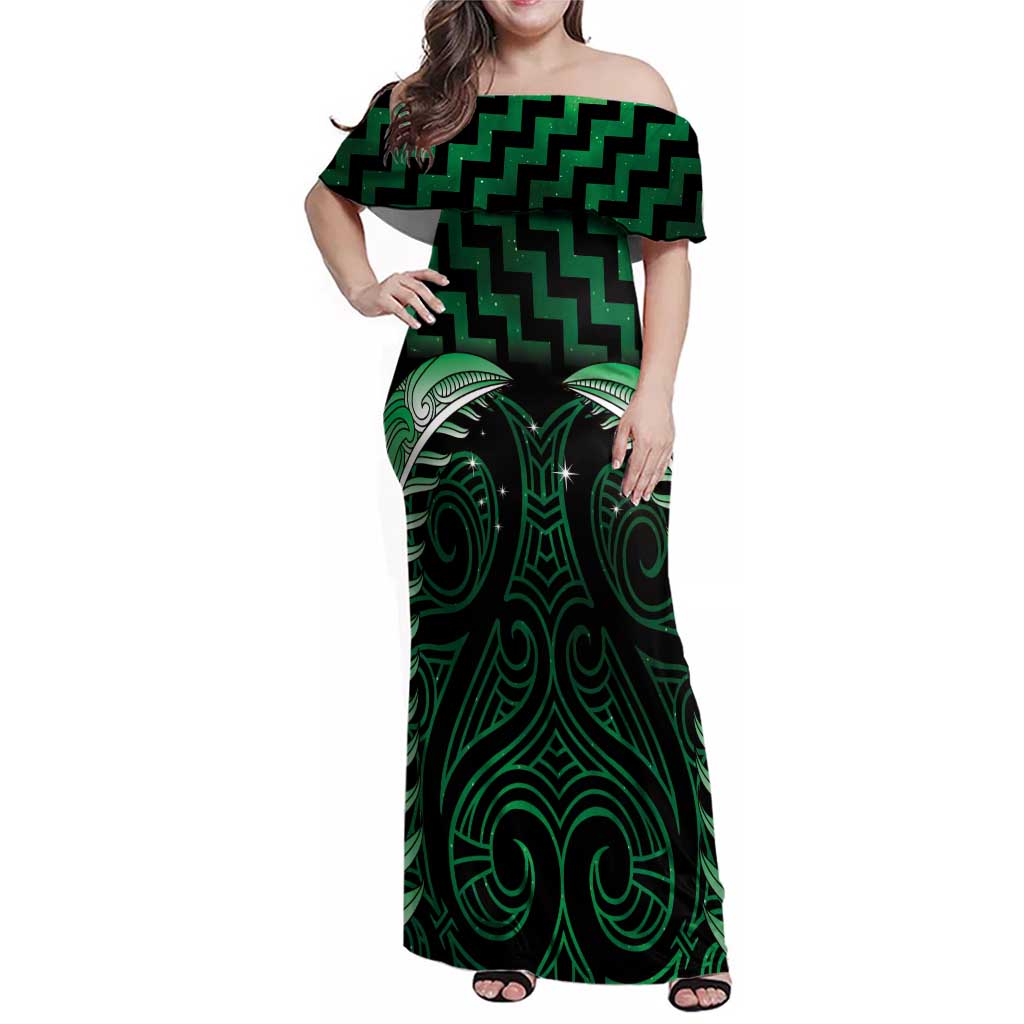 Green Matariki New Zealand Family Matching Off Shoulder Maxi Dress and Hawaiian Shirt Maori Poutama Galaxy Vibes