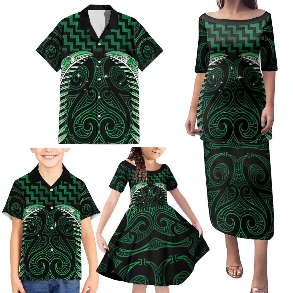 Green Matariki New Zealand Family Matching Puletasi and Hawaiian Shirt Maori Poutama Galaxy Vibes