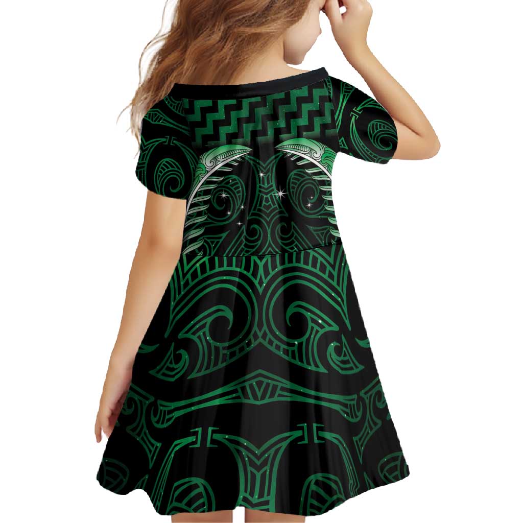 Green Matariki New Zealand Family Matching Short Sleeve Bodycon Dress and Hawaiian Shirt Maori Poutama Galaxy Vibes