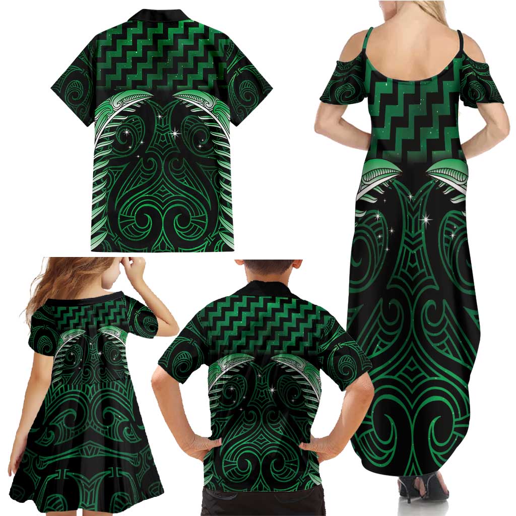 Green Matariki New Zealand Family Matching Summer Maxi Dress and Hawaiian Shirt Maori Poutama Galaxy Vibes