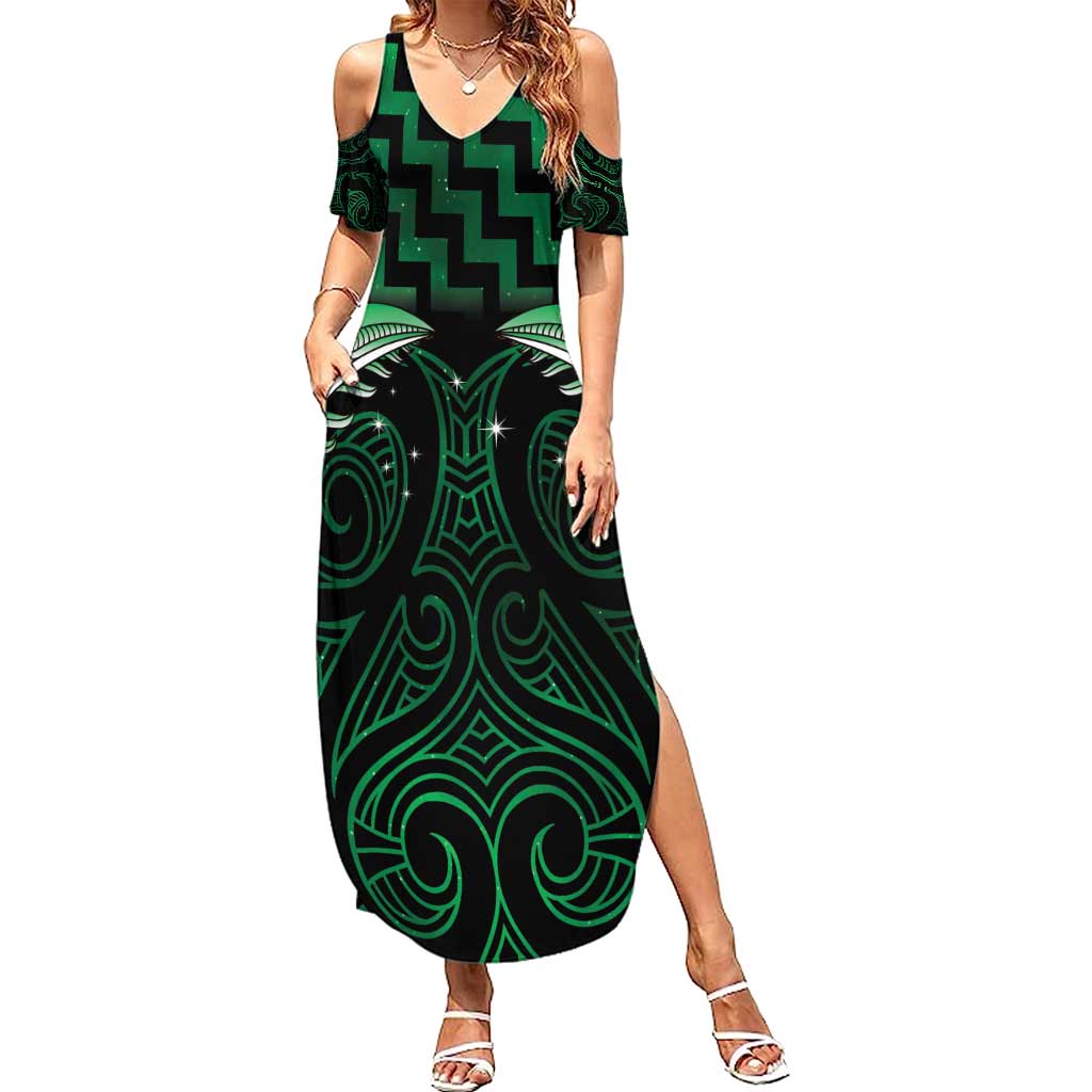 Green Matariki New Zealand Family Matching Summer Maxi Dress and Hawaiian Shirt Maori Poutama Galaxy Vibes