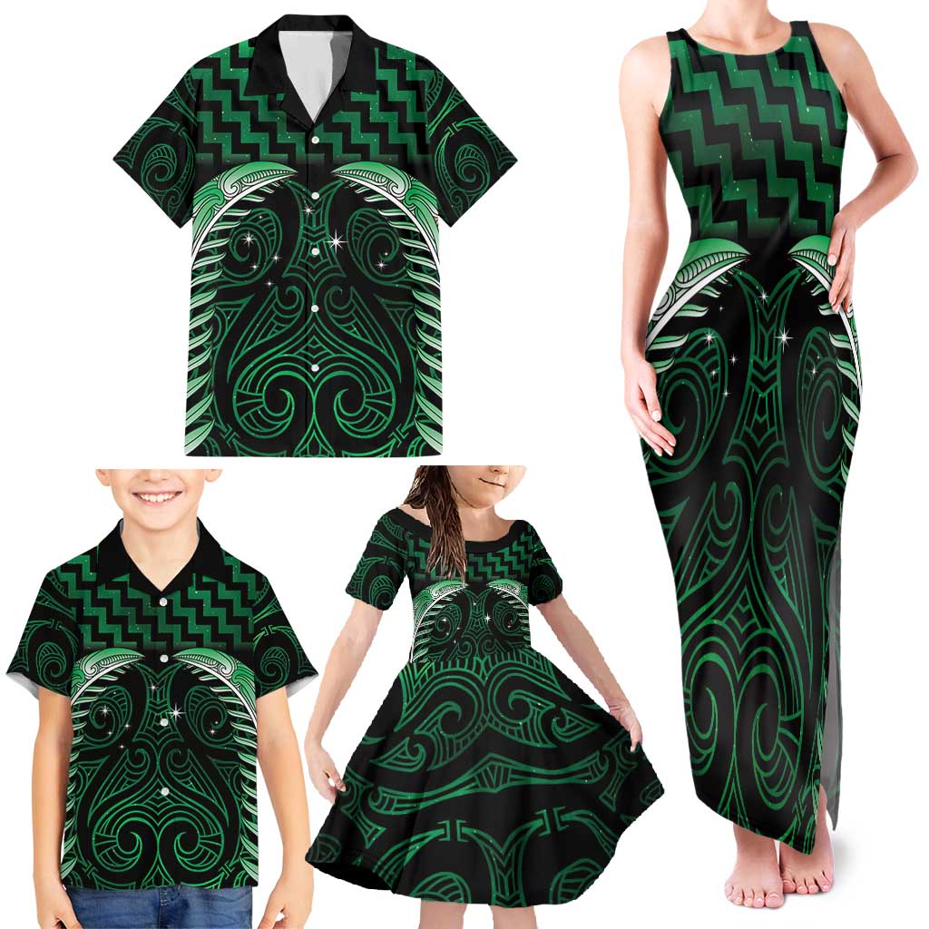 Green Matariki New Zealand Family Matching Tank Maxi Dress and Hawaiian Shirt Maori Poutama Galaxy Vibes