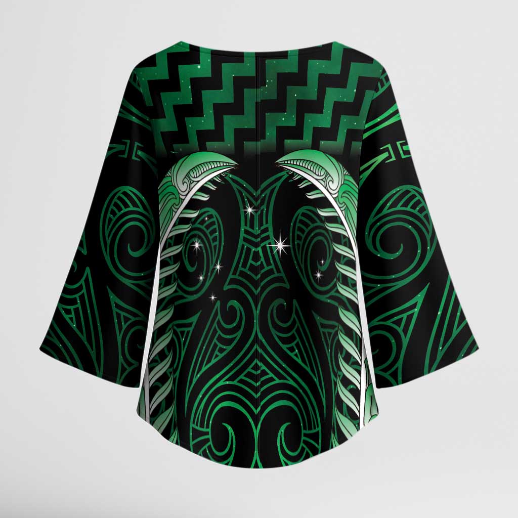 Green Matariki New Zealand Kimono Sleeve Blouse Maori Poutama Galaxy Vibes - Polynesian Pride