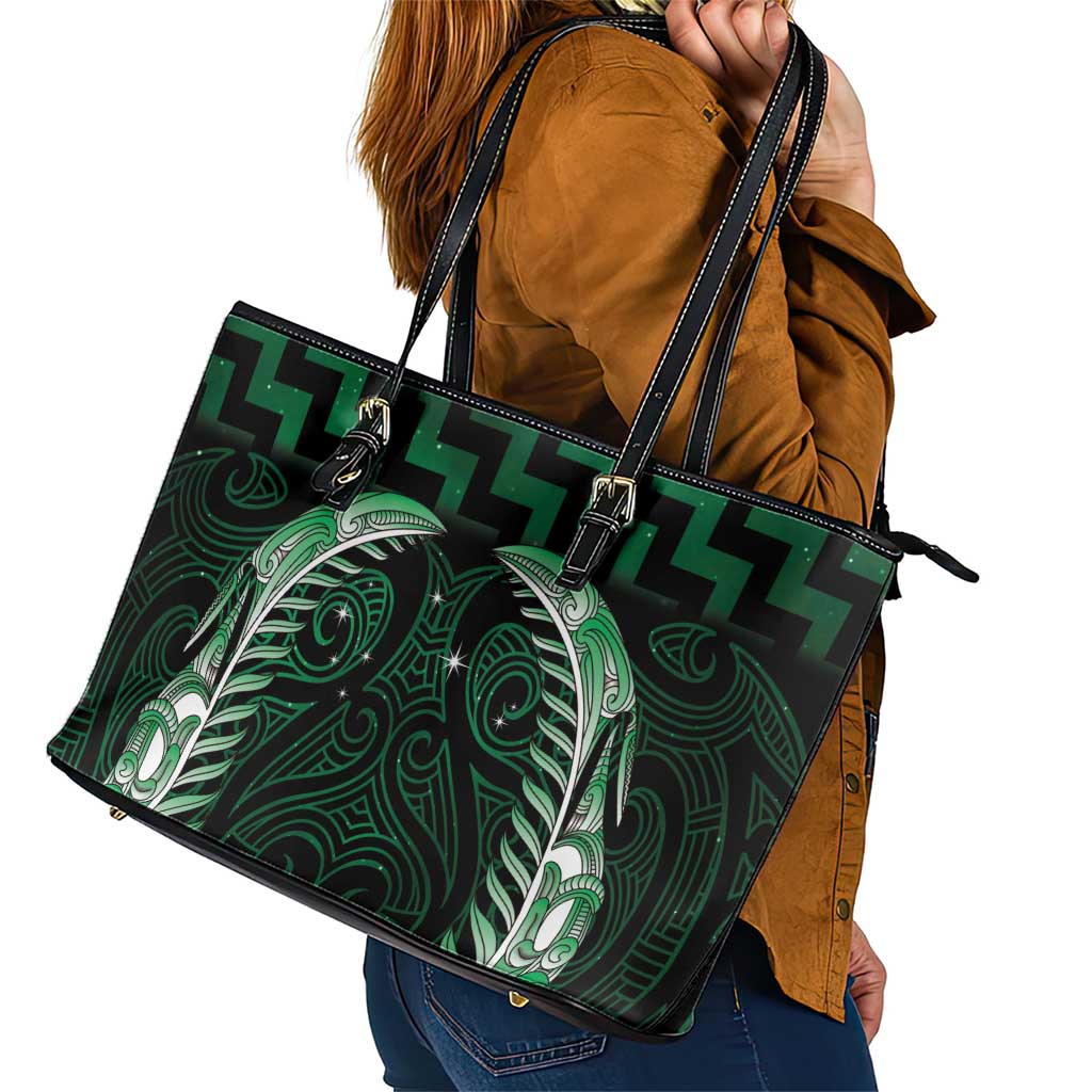Green Matariki New Zealand Leather Tote Bag Maori Poutama Galaxy Vibes