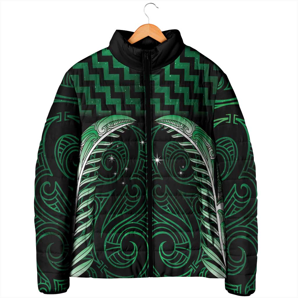 Green Matariki New Zealand Padded Jacket Maori Poutama Galaxy Vibes - Polynesian Pride