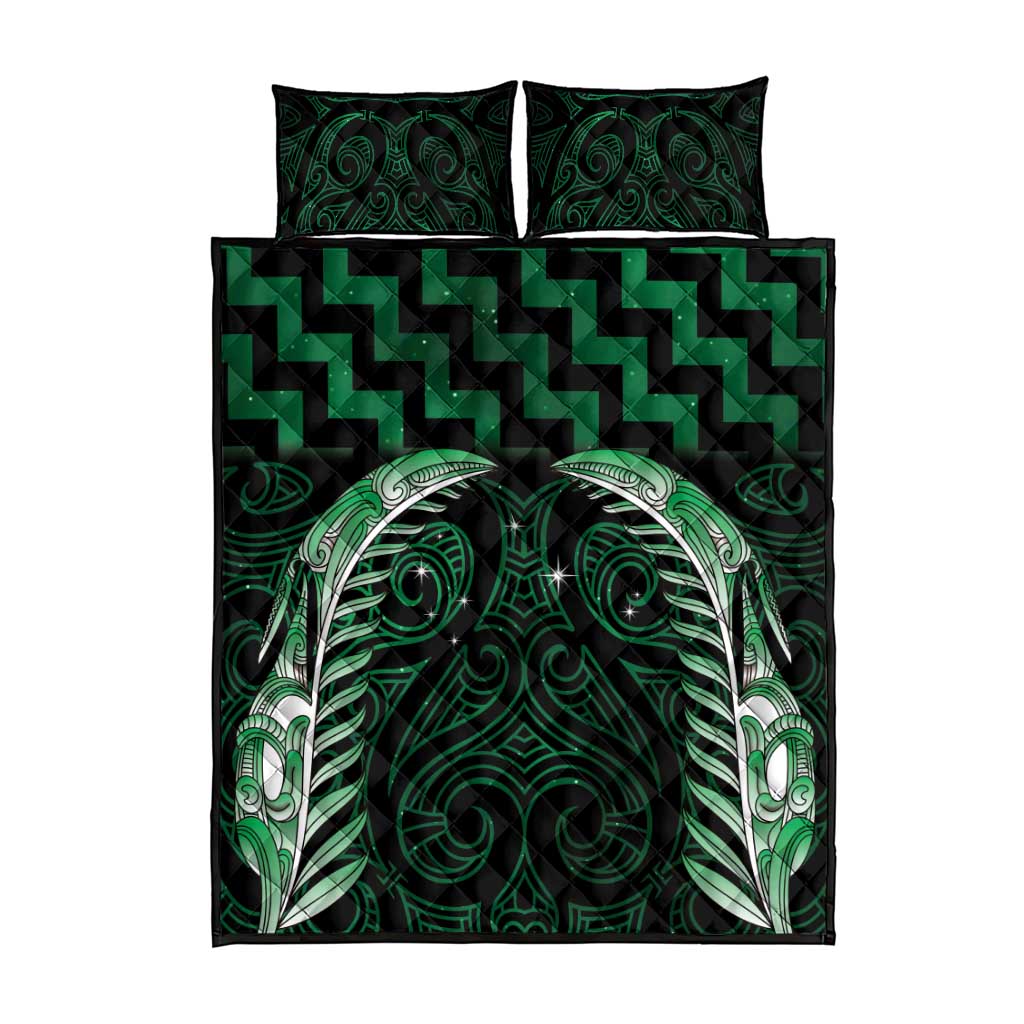Green Matariki New Zealand Quilt Bed Set Maori Poutama Galaxy Vibes
