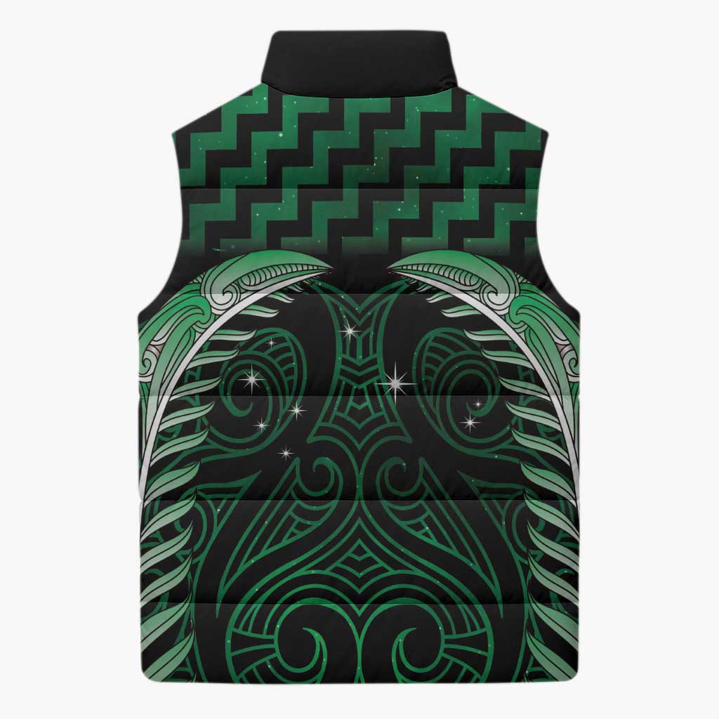 Green Matariki New Zealand Sleeveless Puffer Jacket Maori Poutama Galaxy Vibes - Polynesian Pride