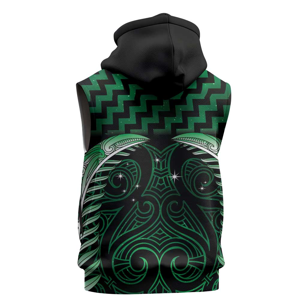 Green Matariki New Zealand Sleeveless Zip Hoodie Maori Poutama Galaxy Vibes - Polynesian Pride