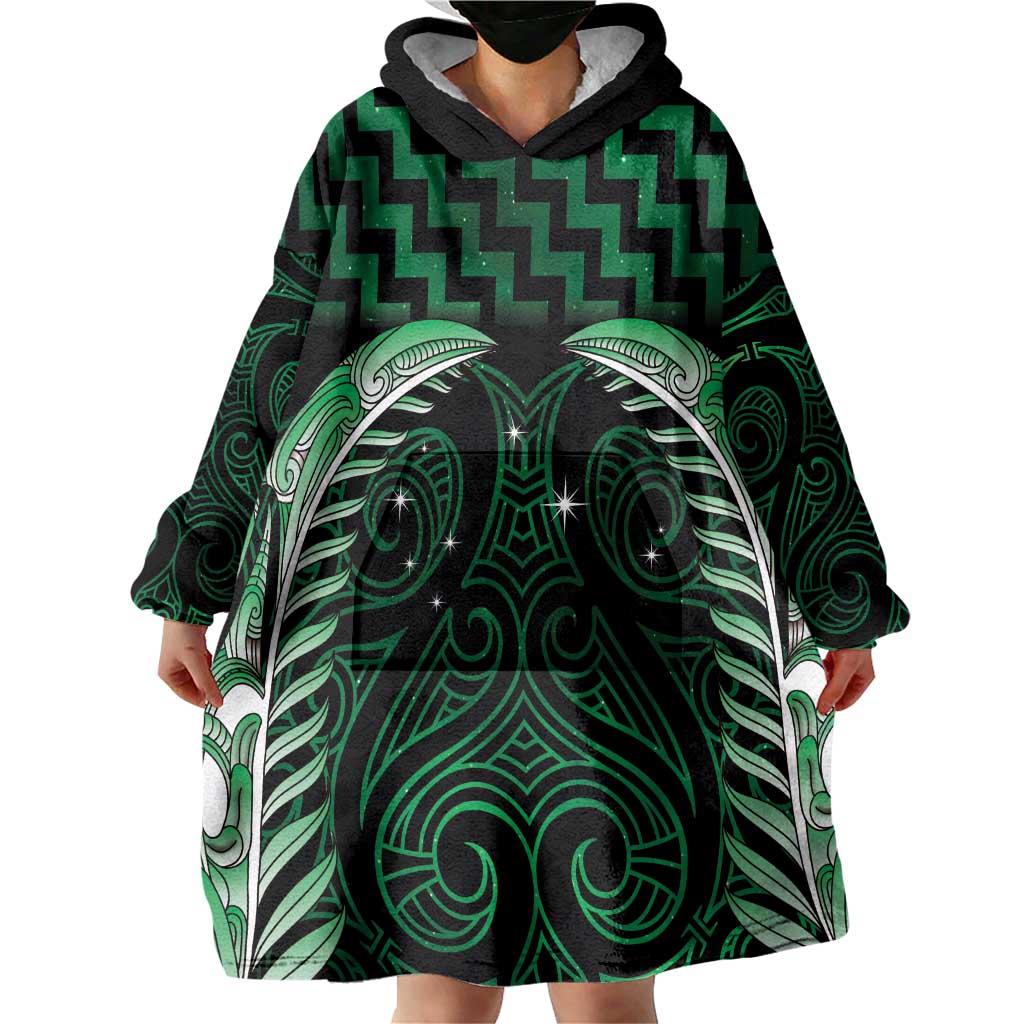Green Matariki New Zealand Wearable Blanket Hoodie Maori Poutama Galaxy Vibes