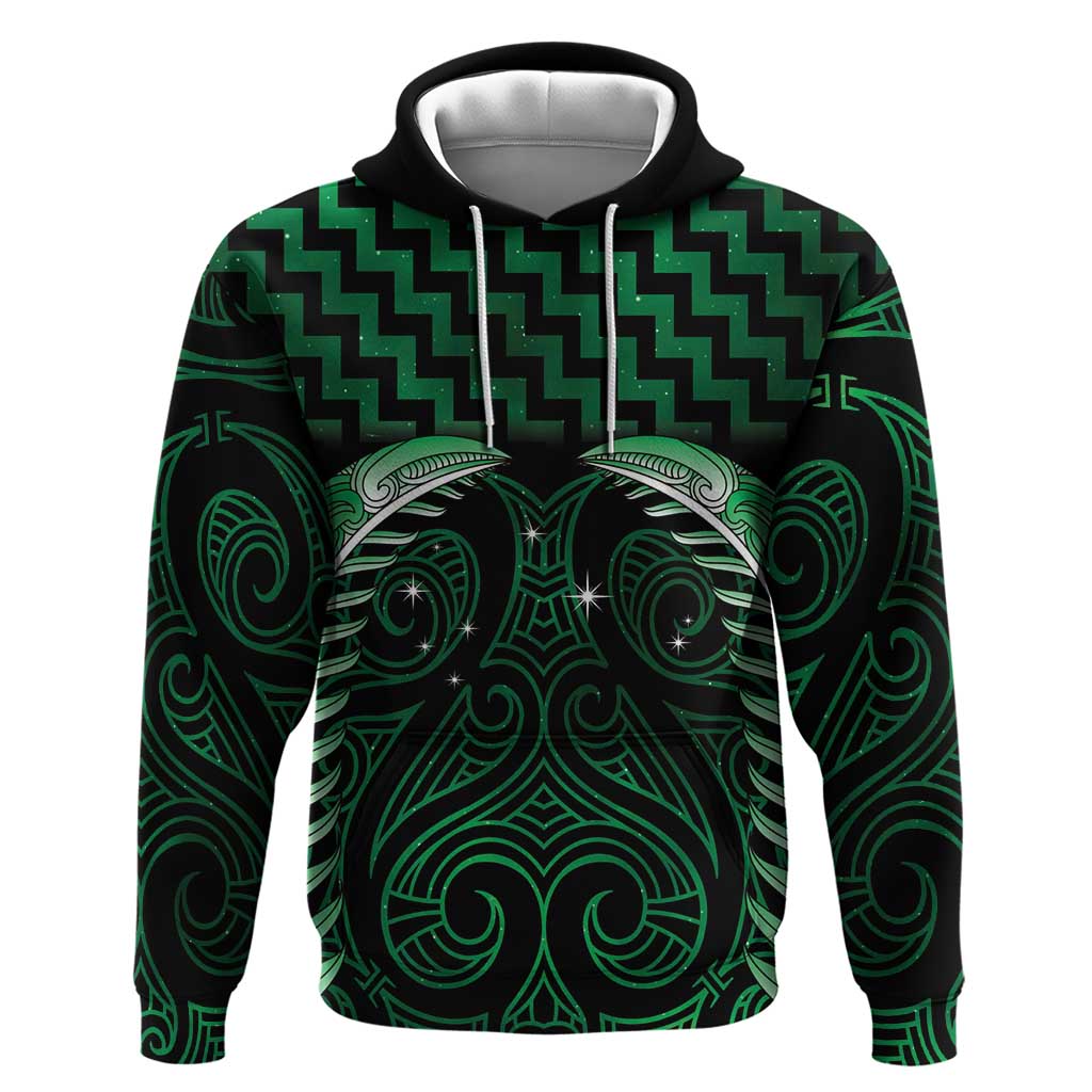 Green Matariki New Zealand Zip Hoodie Maori Poutama Galaxy Vibes
