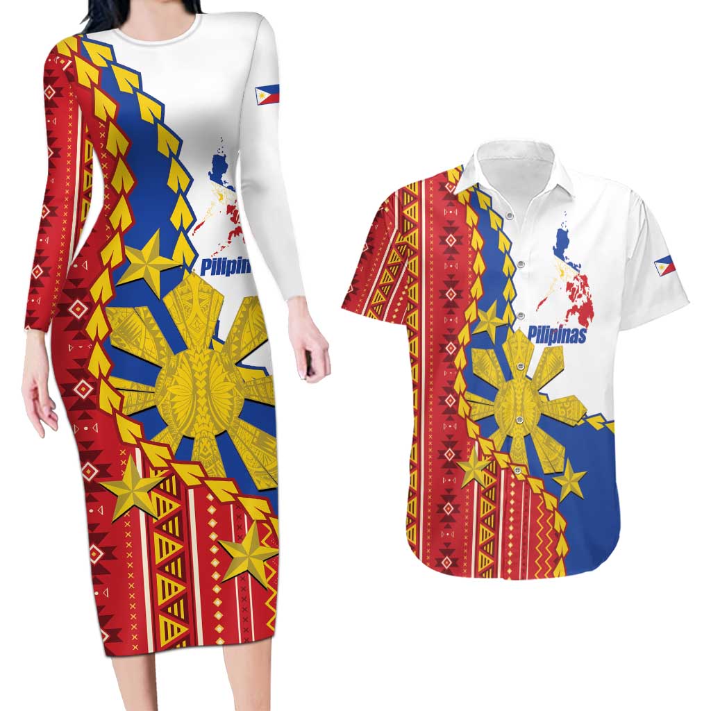 Philippines Independence Day Couples Matching Long Sleeve Bodycon Dress and Hawaiian Shirt Pilipinas Sun Stars Igorot Pattern LT14 Red - Polynesian Pride