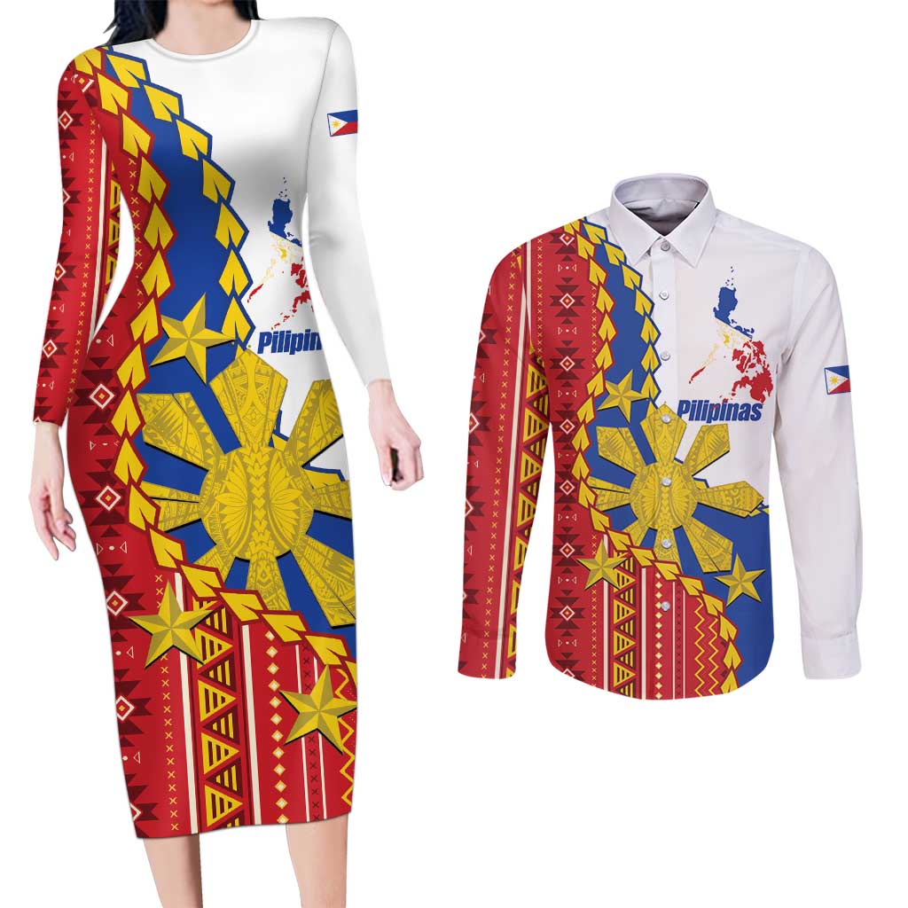 Philippines Independence Day Couples Matching Long Sleeve Bodycon Dress and Long Sleeve Button Shirt Pilipinas Sun Stars Igorot Pattern LT14 Red - Polynesian Pride