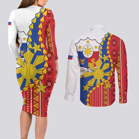 Philippines Independence Day Couples Matching Long Sleeve Bodycon Dress and Long Sleeve Button Shirt Pilipinas Sun Stars Igorot Pattern