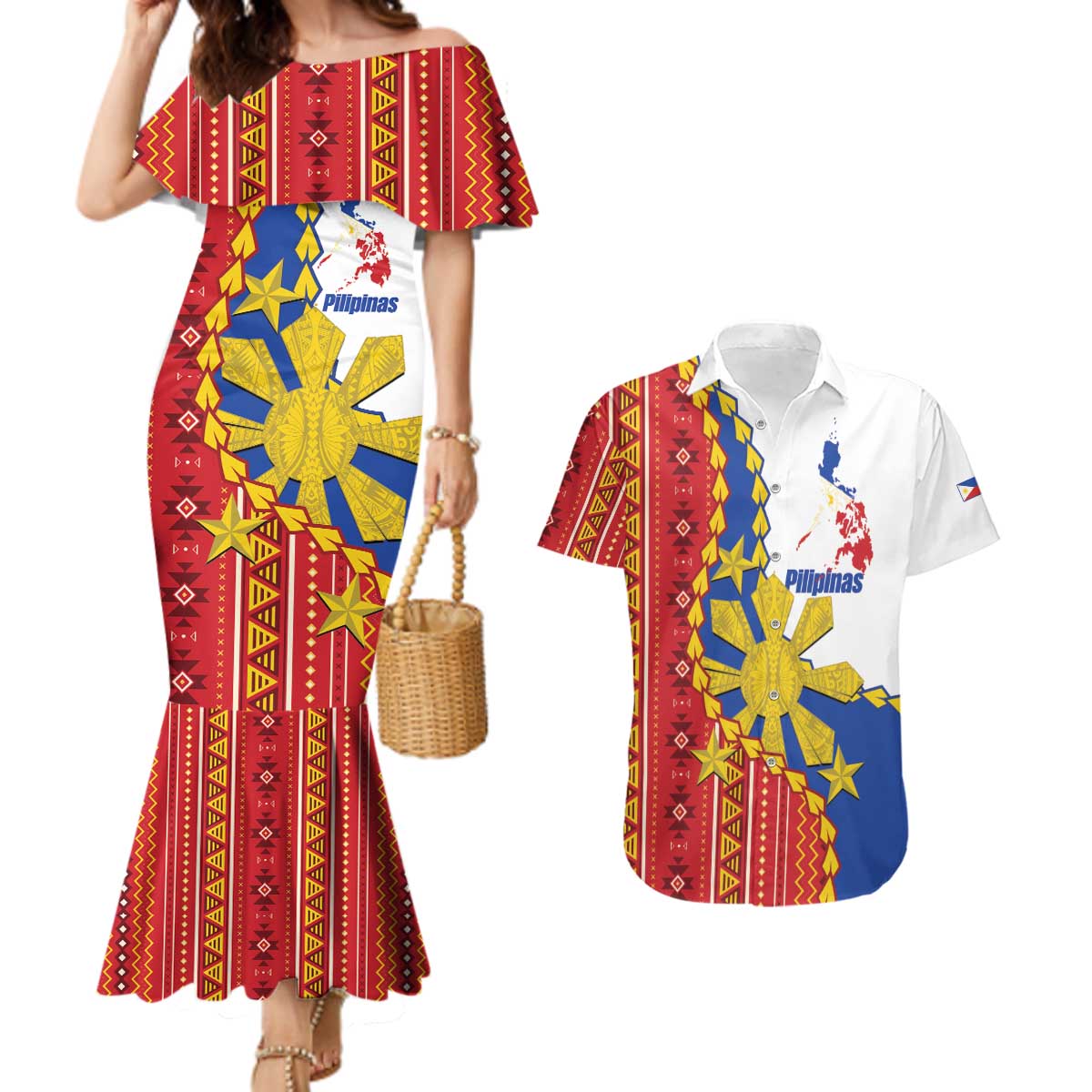 Philippines Independence Day Couples Matching Mermaid Dress and Hawaiian Shirt Pilipinas Sun Stars Igorot Pattern LT14 Red - Polynesian Pride