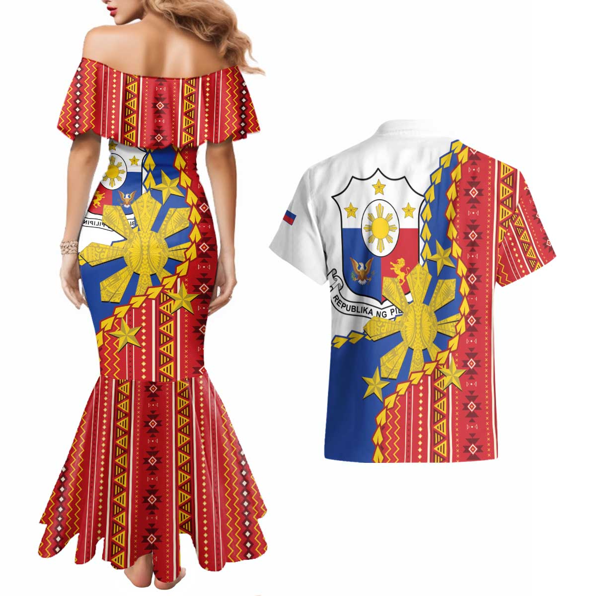 Philippines Independence Day Couples Matching Mermaid Dress and Hawaiian Shirt Pilipinas Sun Stars Igorot Pattern LT14 - Polynesian Pride