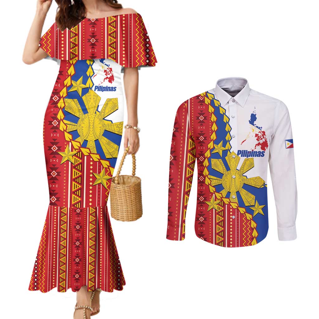 Philippines Independence Day Couples Matching Mermaid Dress and Long Sleeve Button Shirt Pilipinas Sun Stars Igorot Pattern LT14 Red - Polynesian Pride