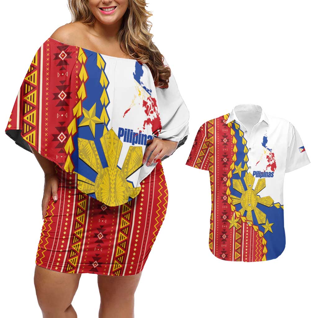 Philippines Independence Day Couples Matching Off Shoulder Short Dress and Hawaiian Shirt Pilipinas Sun Stars Igorot Pattern LT14 Red - Polynesian Pride