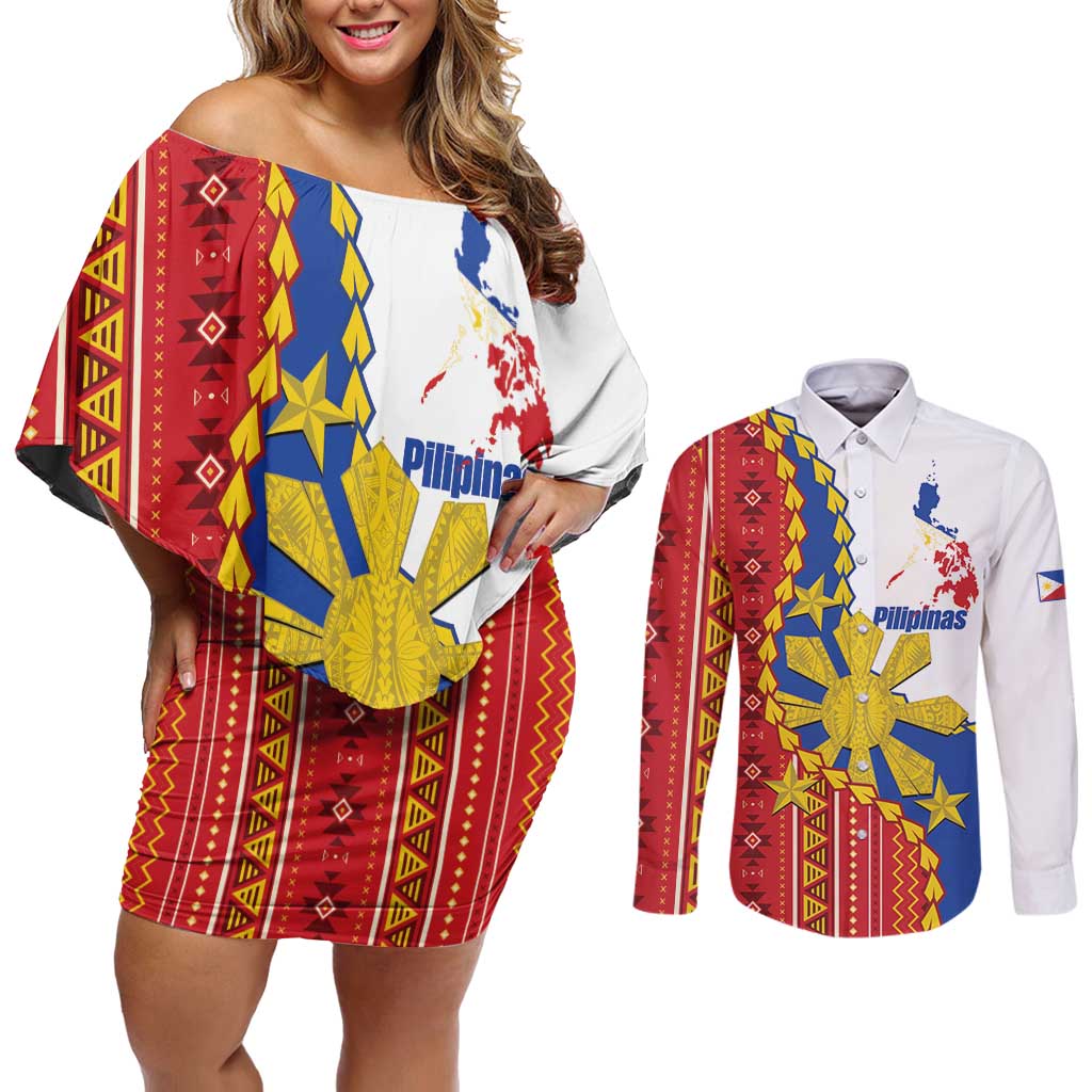 Philippines Independence Day Couples Matching Off Shoulder Short Dress and Long Sleeve Button Shirt Pilipinas Sun Stars Igorot Pattern LT14 Red - Polynesian Pride