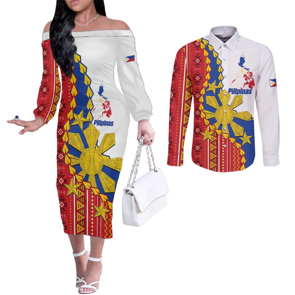 Philippines Independence Day Couples Matching Off The Shoulder Long Sleeve Dress and Long Sleeve Button Shirt Pilipinas Sun Stars Igorot Pattern LT14 Red - Polynesian Pride