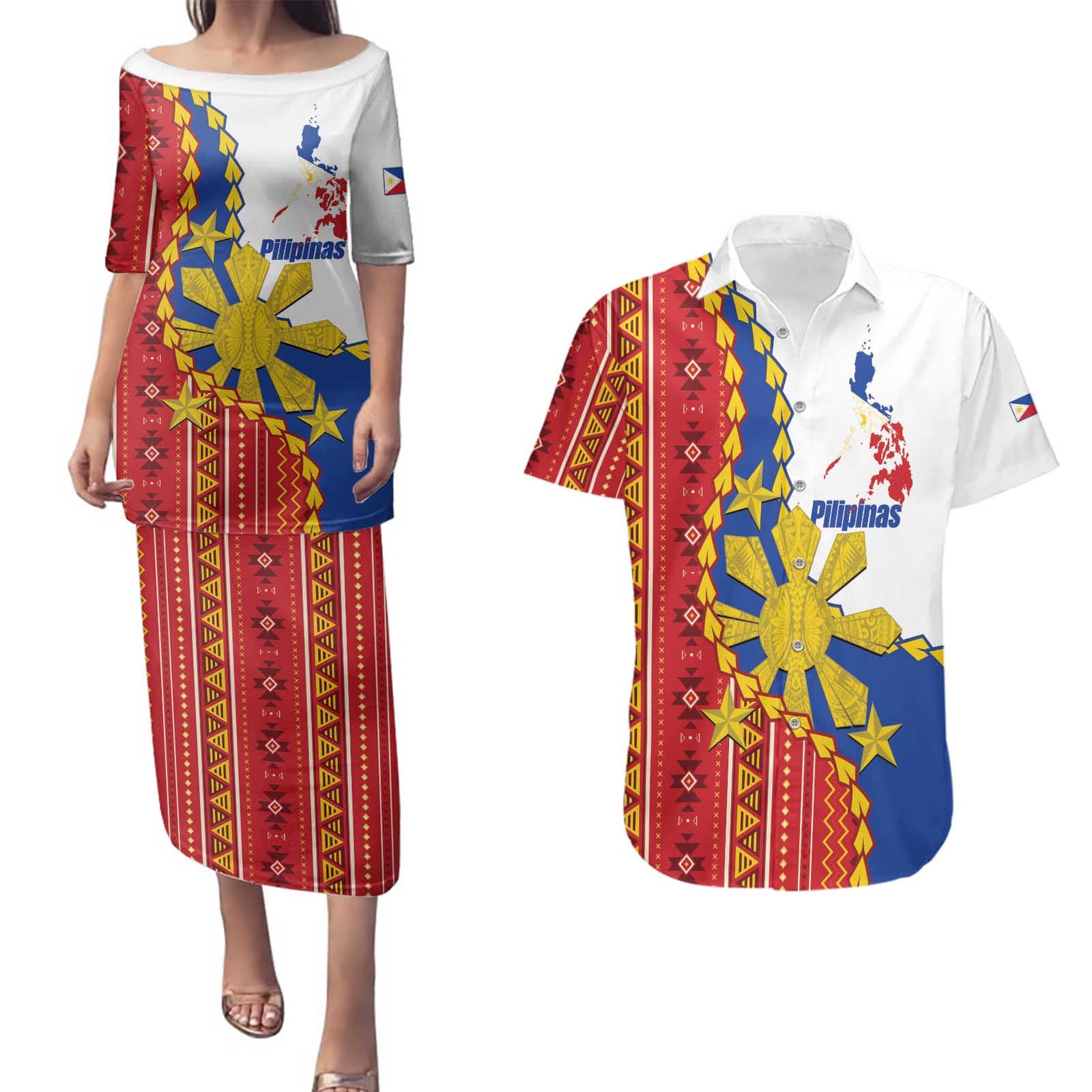 Philippines Independence Day Couples Matching Puletasi and Hawaiian Shirt Pilipinas Sun Stars Igorot Pattern LT14 Red - Polynesian Pride