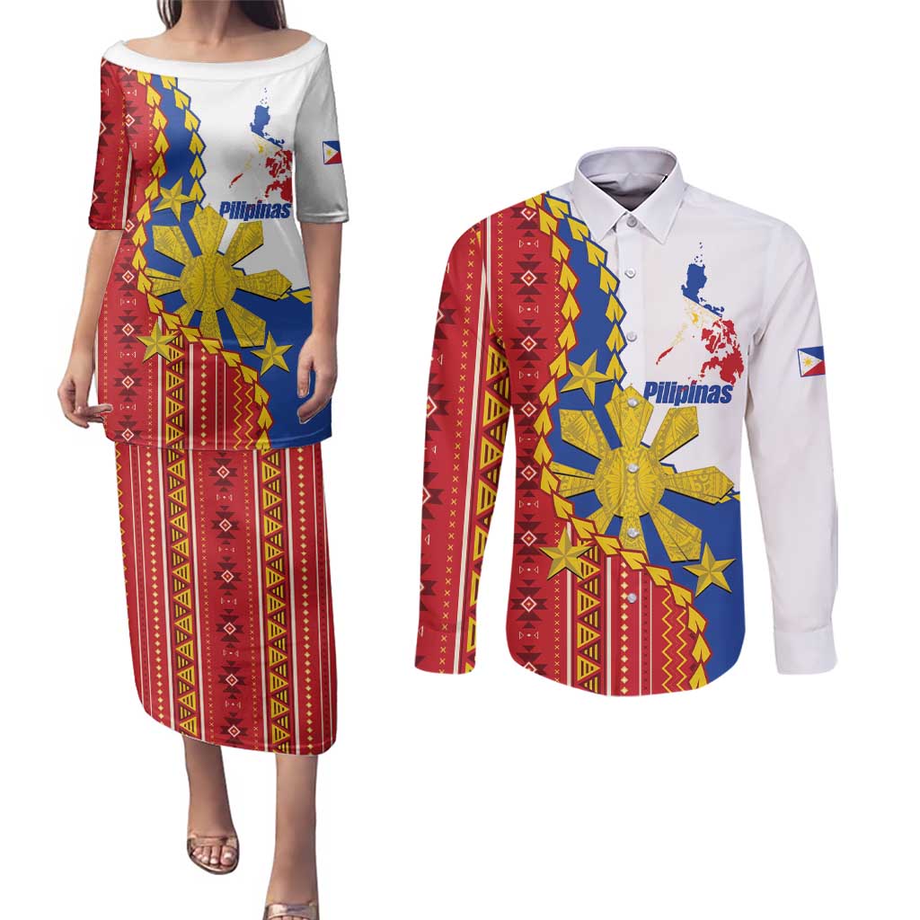 Philippines Independence Day Couples Matching Puletasi and Long Sleeve Button Shirt Pilipinas Sun Stars Igorot Pattern LT14 Red - Polynesian Pride