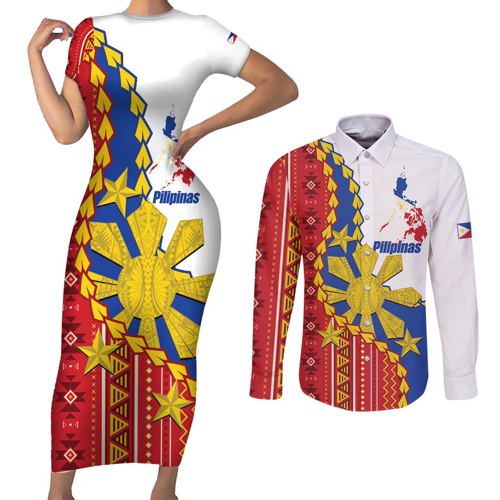 Philippines Independence Day Couples Matching Short Sleeve Bodycon Dress and Long Sleeve Button Shirt Pilipinas Sun Stars Igorot Pattern LT14 Red - Polynesian Pride