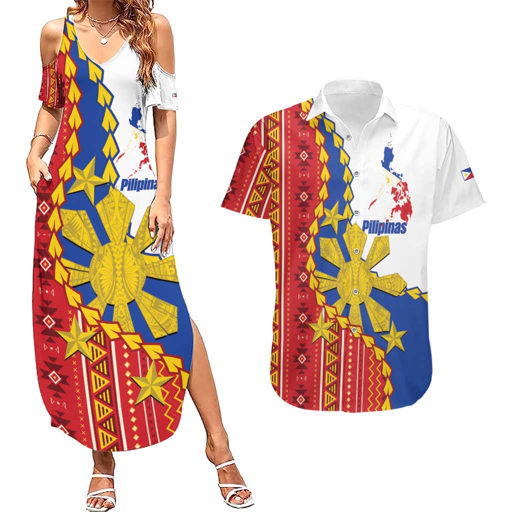 Philippines Independence Day Couples Matching Summer Maxi Dress and Hawaiian Shirt Pilipinas Sun Stars Igorot Pattern LT14 Red - Polynesian Pride