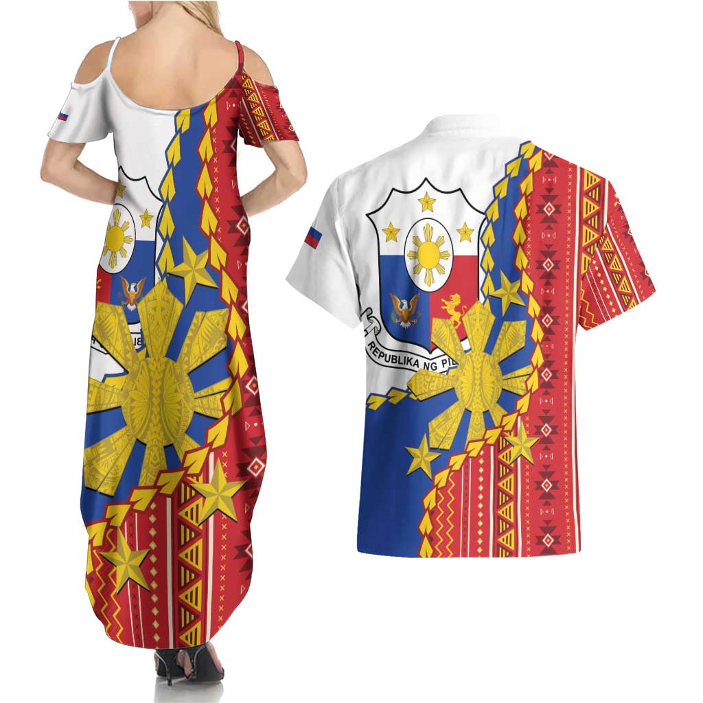 Philippines Independence Day Couples Matching Summer Maxi Dress and Hawaiian Shirt Pilipinas Sun Stars Igorot Pattern LT14 - Polynesian Pride