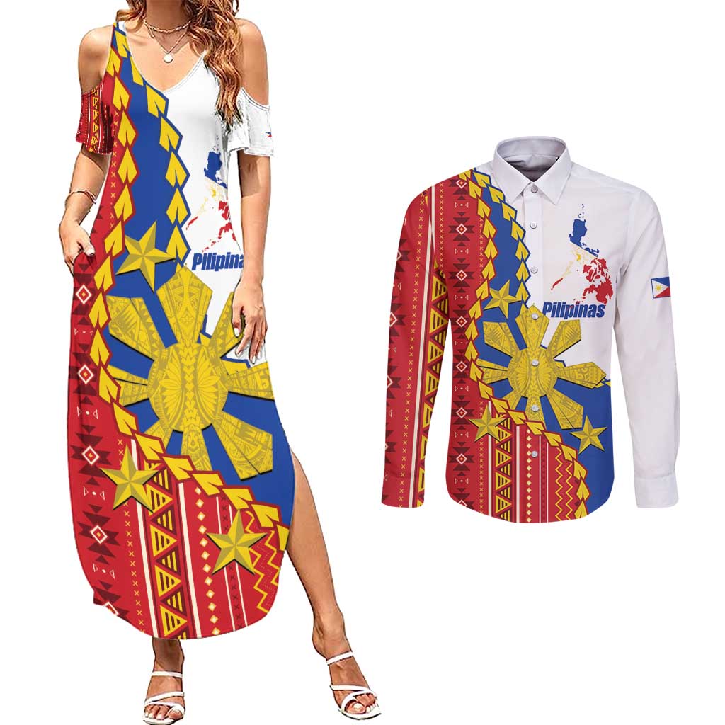 Philippines Independence Day Couples Matching Summer Maxi Dress and Long Sleeve Button Shirt Pilipinas Sun Stars Igorot Pattern LT14 Red - Polynesian Pride