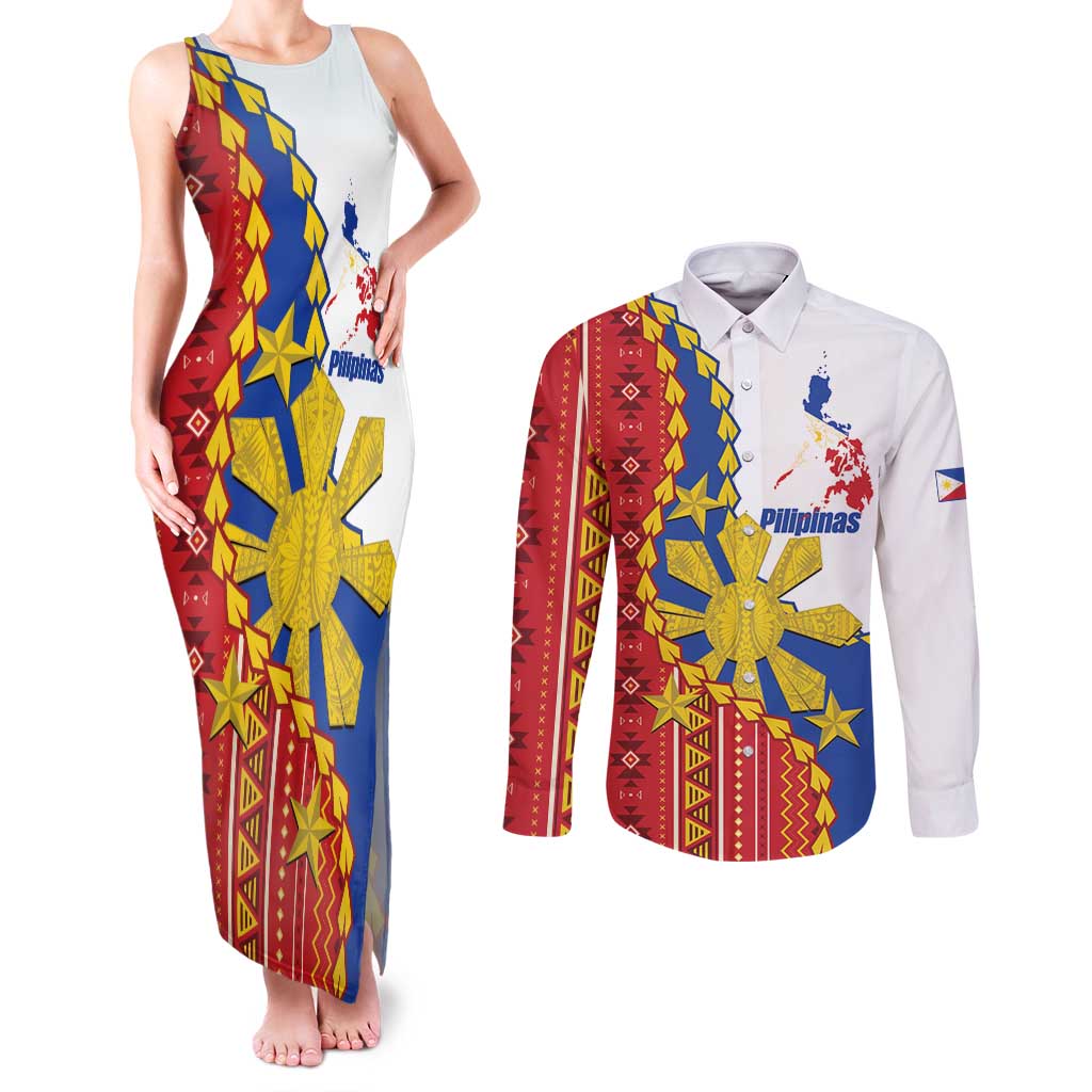 Philippines Independence Day Couples Matching Tank Maxi Dress and Long Sleeve Button Shirt Pilipinas Sun Stars Igorot Pattern