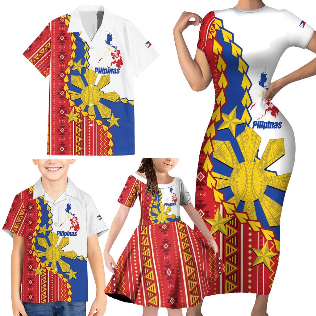 Philippines Independence Day Family Matching Short Sleeve Bodycon Dress and Hawaiian Shirt Pilipinas Sun Stars Igorot Pattern